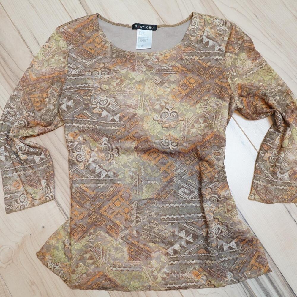 Ruby Cho Gold Aztec Sheer Mesh Long Sleeve Top Y2K Boho Glam L